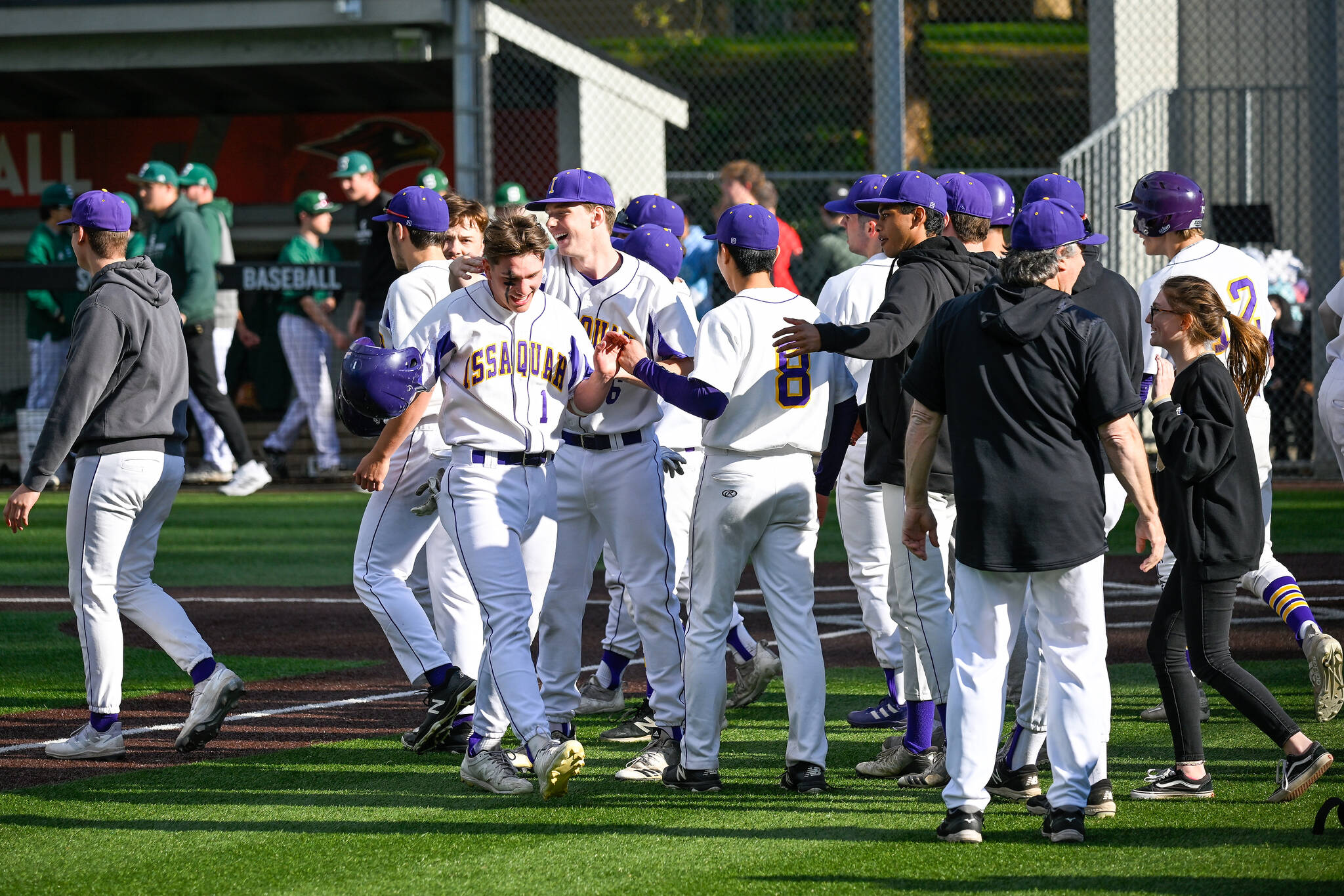 The Issaquah High School baseball team celebrates their May 10 win against Skyline. Courtesy of Patrick Krohn.