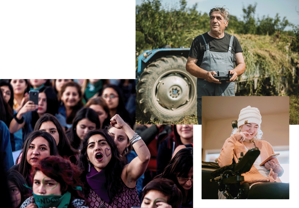 A 3 picture collage of a farmer controlling a drone, a woman in a wheelchair laughing while looking at her phone, and a crowd of protesters, one of whom is shouting and has a heart drawn on her cheek.